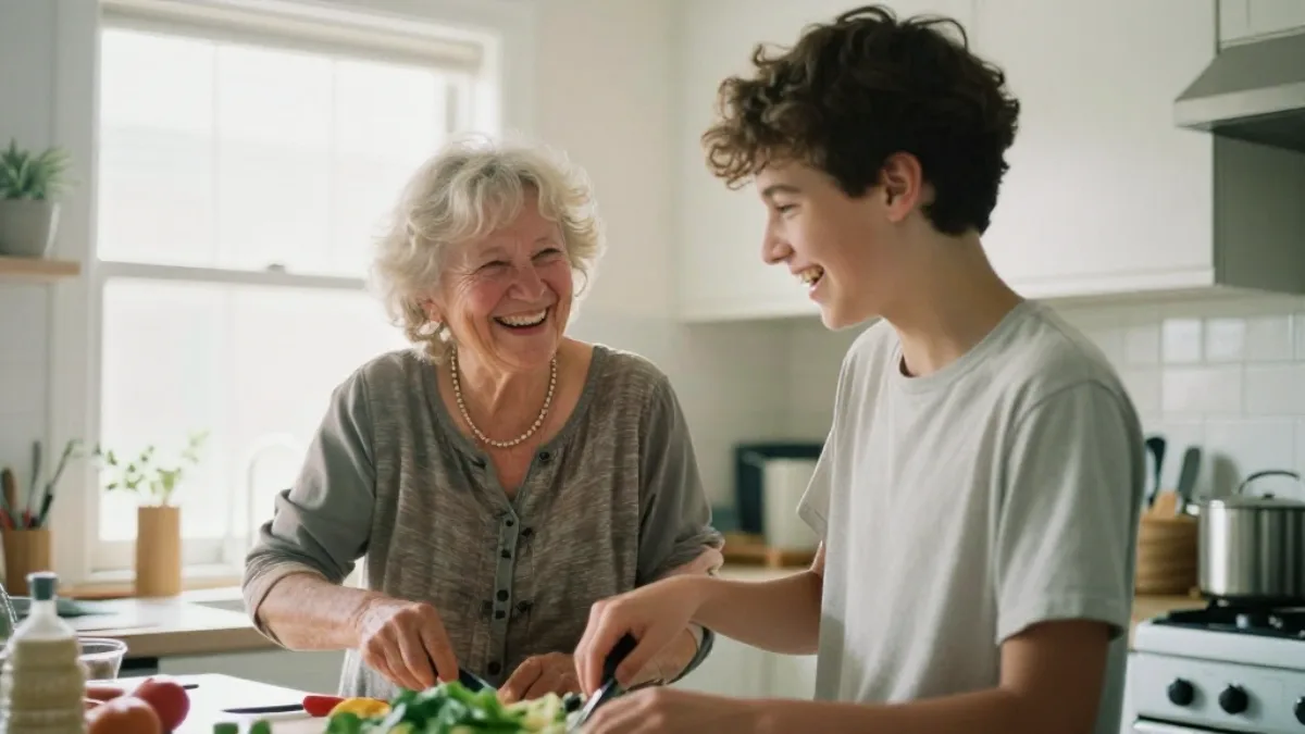 A grandmother cooking with her teenage grandson